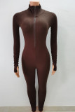 Coffee Sexy Solid Zipper Patchwork O Neck Skinny Jumpsuits