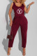 Burgundy Fashion Casual Print Letter O Neck Jumpsuits