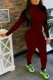 Burgundy Sexy Solid Zipper Patchwork O Neck Skinny Jumpsuits
