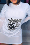 White Street Print Mesh O Neck Long Sleeve Two Pieces