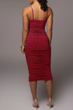 Brown Fashion Sexy Solid Backless Fold Spaghetti Strap Sleeveless Dress