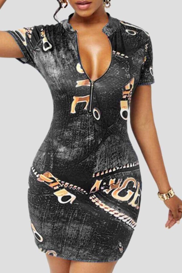 Black Fashion Casual Print Basic Zipper Collar Short Sleeve Dress