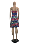 Colour Sexy Print Patchwork Spaghetti Strap Cake Skirt Dresses