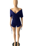 Colorful Blue Sexy Solid Patchwork V Neck Regular Rompers