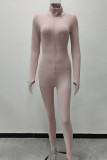 Pink Casual Solid Zipper Embroidered Half A Turtleneck Regular Jumpsuits