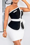 Black White Sexy Solid Patchwork Asymmetrical With Bow Strapless Sleeveless Two Pieces