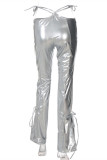 Silver Fashion Sexy Solid Bandage Hollowed Out Skinny High Waist Trousers