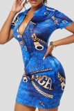 Light Blue Fashion Casual Print Basic Zipper Collar Short Sleeve Dress