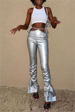 Silver Fashion Sexy Solid Bandage Hollowed Out Skinny High Waist Trousers