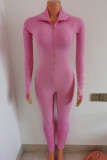 Pink Sexy Solid Zipper Patchwork O Neck Skinny Jumpsuits