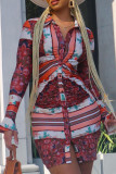 Deep Red Casual Print Patchwork Buckle Turndown Collar Shirt Dress Dresses