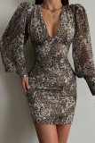 Black Sexy Print Patchwork V Neck One Step Skirt Dresses