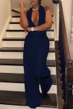Dark Blue Fashion Casual Solid Backless Halter Regular Jumpsuits