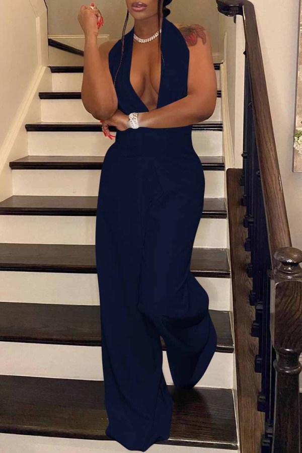 Navy Blue Fashion Casual Solid Backless Halter Regular Jumpsuits