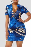 Light Blue Fashion Casual Print Basic Zipper Collar Short Sleeve Dress
