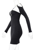 Black Sexy Solid Hollowed Out Patchwork Asymmetrical Collar Pencil Skirt Dresses
