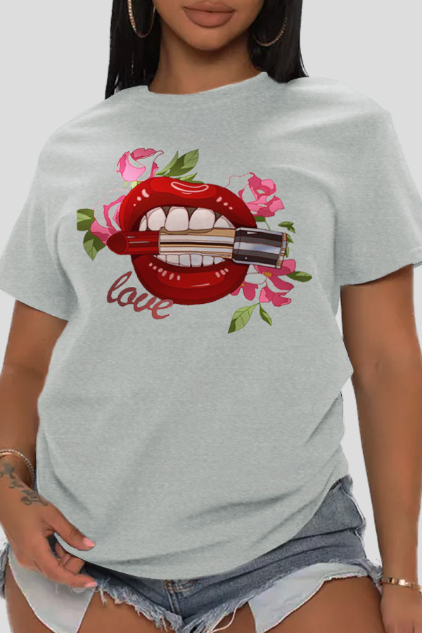 Grey Fashion Street Lips Printed Patchwork O Neck T-Shirts