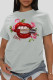 Grey Fashion Street Lips Printed Patchwork O Neck T-Shirts