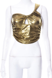 Gold Sexy Solid Patchwork One Shoulder Tops