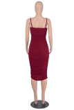 Brown Fashion Sexy Solid Backless Fold Spaghetti Strap Sleeveless Dress