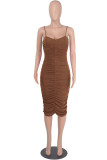 Brown Fashion Sexy Solid Backless Fold Spaghetti Strap Sleeveless Dress