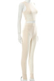 Apricot Sexy Solid Patchwork See-through O Neck Sleeveless Two Pieces