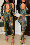 Multicolor Fashion Sexy Print Hollowed Out Half A Turtleneck Skinny Jumpsuits