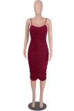 Brown Fashion Sexy Solid Backless Fold Spaghetti Strap Sleeveless Dress