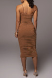 Brown Fashion Sexy Solid Backless Fold Spaghetti Strap Sleeveless Dress
