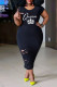 Black Casual Print Ripped Patchwork O Neck Straight Plus Size Dresses