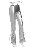 Silver Fashion Sexy Solid Bandage Hollowed Out Skinny High Waist Trousers