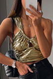Gold Sexy Solid Patchwork One Shoulder Tops