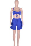 Blue Sexy Solid Patchwork Flounce Spaghetti Strap Sleeveless Two Pieces