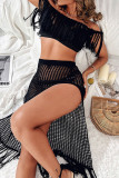 Black Sexy Solid Tassel Hollowed Out Patchwork Off the Shoulder Half Sleeve Two Pieces