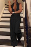 Dark Blue Fashion Casual Solid Backless Halter Regular Jumpsuits