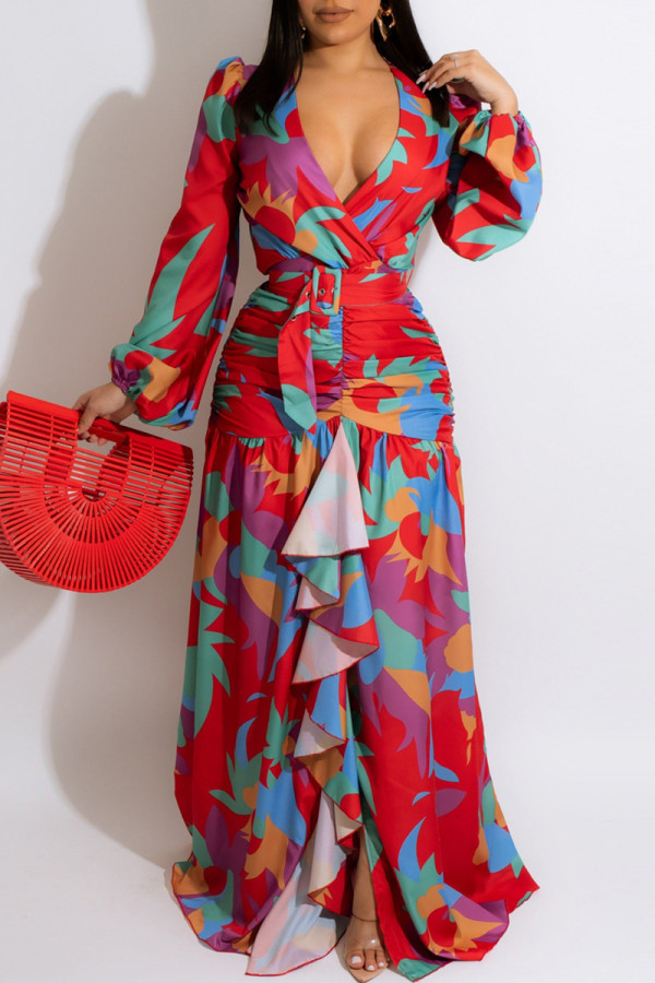 Multicolor Fashion Casual Print Patchwork Fold V Neck Long Sleeve Dresses