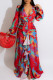 Multicolor Fashion Casual Print Patchwork Fold V Neck Long Sleeve Dresses