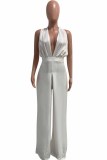 Dark Blue Fashion Casual Solid Backless Halter Regular Jumpsuits
