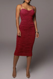 Brown Fashion Sexy Solid Backless Fold Spaghetti Strap Sleeveless Dress