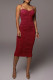 Burgundy Fashion Sexy Solid Backless Fold Spaghetti Strap Sleeveless Dress