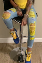 Light Blue Dark Blue Denim Zipper Fly High Hole washing pencil Pants Bottoms