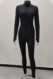 Black Casual Solid Zipper Embroidered Half A Turtleneck Regular Jumpsuits