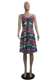 Colour Sexy Print Patchwork Spaghetti Strap Cake Skirt Dresses