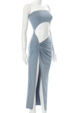 Blue Sexy Solid High Opening Strapless Irregular Dress Dresses