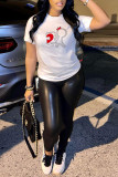 White Fashion Cute Print Patchwork O Neck T-Shirts