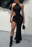 White Sexy Solid Mesh Halter Irregular Dress Dresses