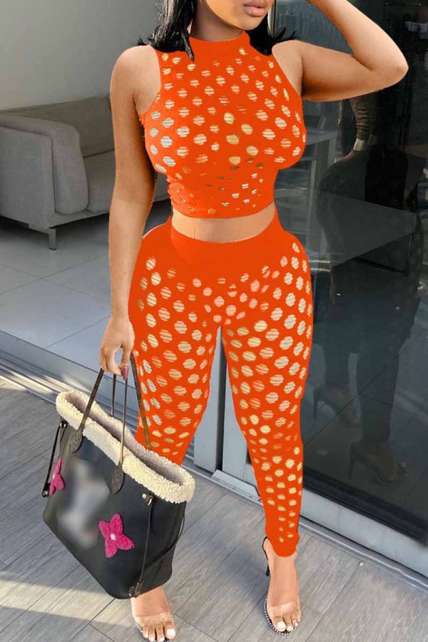 Orange Fashion Sexy Solid Hollowed Out See-through O Neck Sleeveless Two Pieces