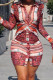 Deep Red Casual Print Patchwork Buckle Turndown Collar Shirt Dress Dresses