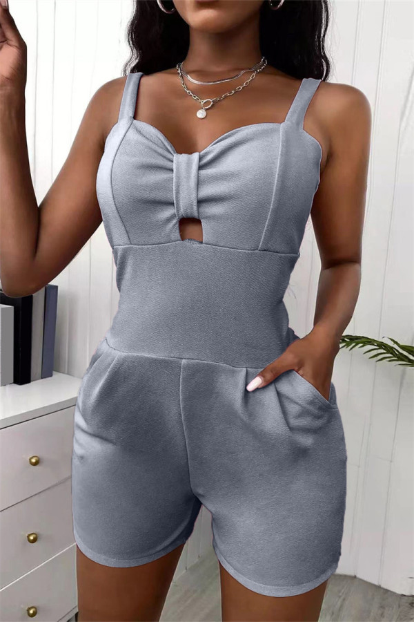 Grey Sexy Casual Solid Hollowed Out Backless Spaghetti Strap Skinny Romper