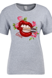Grey Fashion Street Lips Printed Patchwork O Neck T-Shirts